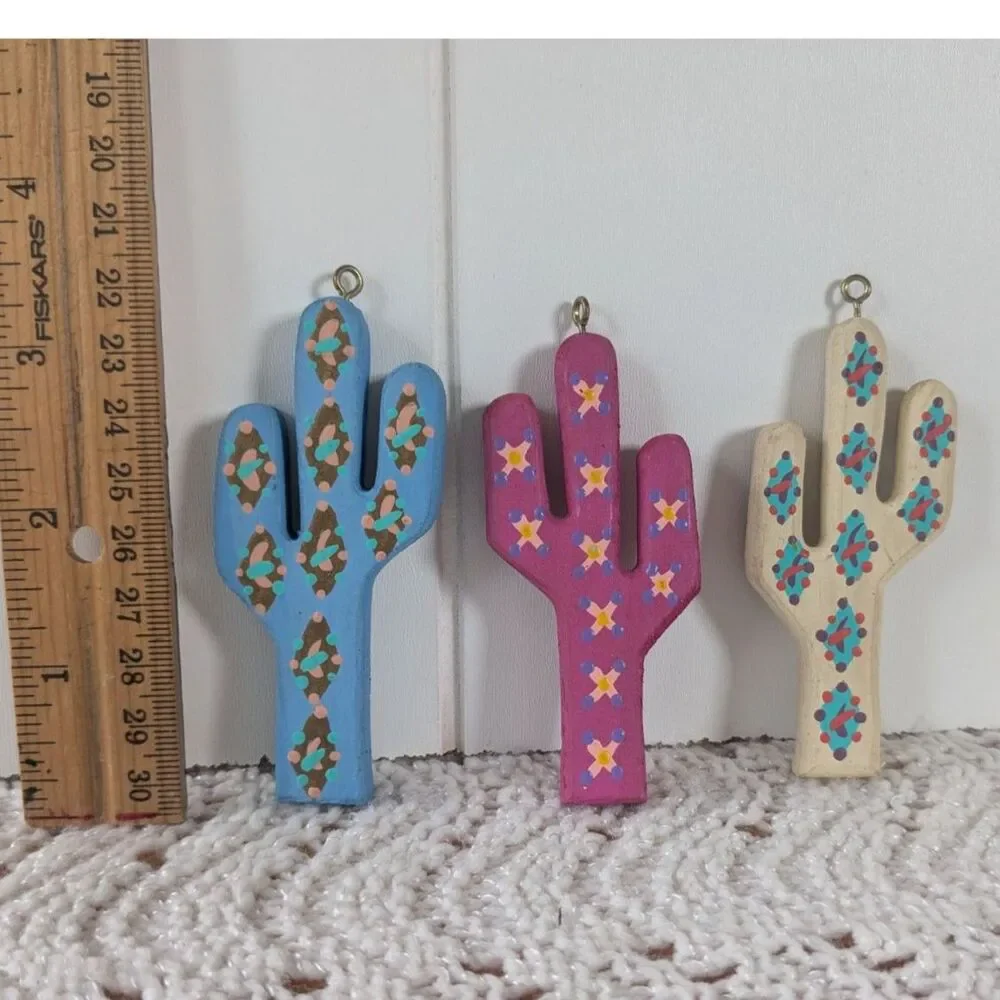 3 Wooden Hand Painted Cactus Dangles, Ornaments - Blue, Pink, White